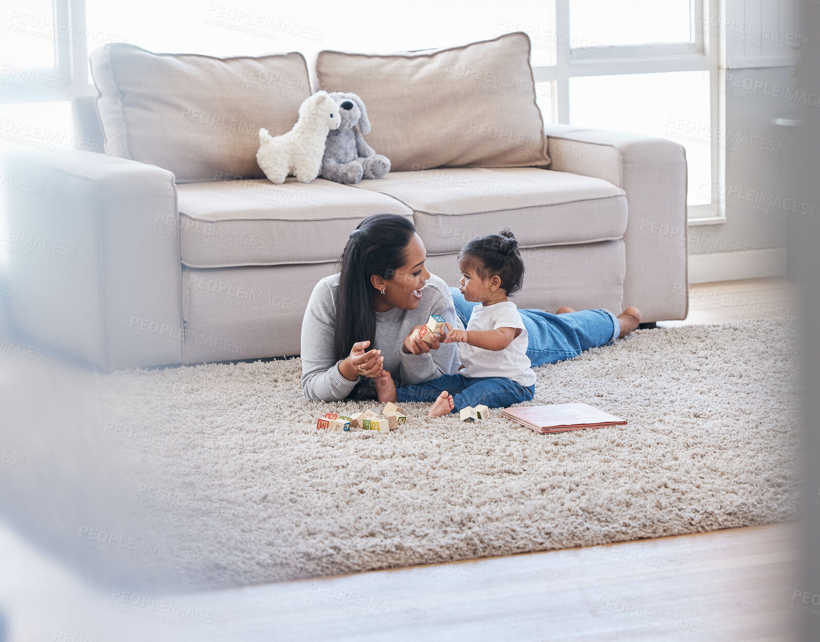 Buy stock photo Baby, mom and living room fun of a mother and kid with toys for knowledge development. Smile, happiness and parent care on a lounge rug in a home with mama love and bonding together with a child