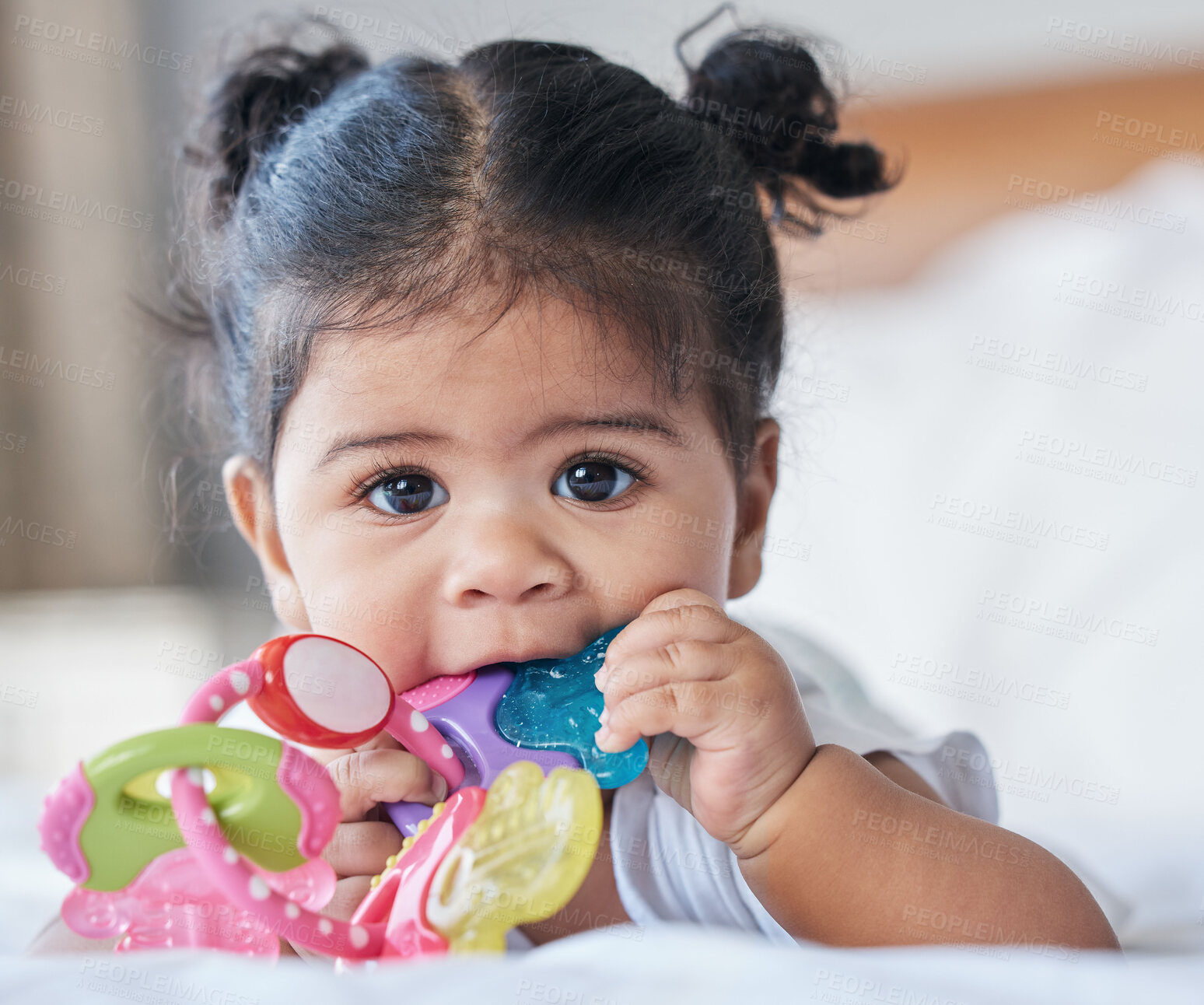 Buy stock photo Portrait, baby girl and biting toys in bedroom, house and home for development, growth and teething progress. Cute kid, face and chewing rattle in mouth for tooth, child and playing in nursery room