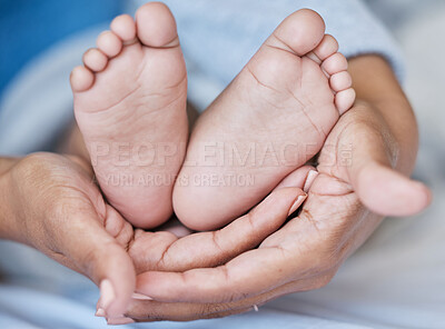 Buy stock photo Hands, feet and baby with mother for love, care and security while together in family home. Woman or mom and child bonding for development, growth or wellness with support, gratitude and protection