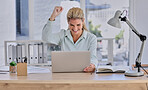 Woman, laptop and celebration for winning, promotion or reading good news at office desk. Happy female winner by computer raising fist and celebrating win, discount or sale for victory or achievement