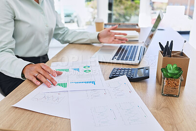 Buy stock photo Documents, graph and hands with laptop on desk for planning, financial report and data analysis. Corporate office, paperwork and business woman working on budget analytics, sales target and review