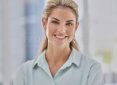 Buy stock photo Happy, business and portrait of a woman with a smile for corporate, executive and professional success. Working, happiness and employee with pride, empowerment and confidence in an office at work