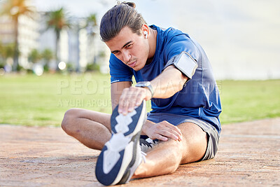 Buy stock photo Beach fitness, health or man stretching leg for cardio exercise running, marathon training or body healthcare goals. Sport mindset, calm peace or focus athlete warm up for outdoor performance workout