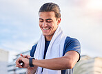 Happy, smartwatch and man checking fitness, health and cardio progress while training in a city. Digital, heartbeat and pulse tracker for guy runner outdoor for performance, monitor and exercise app