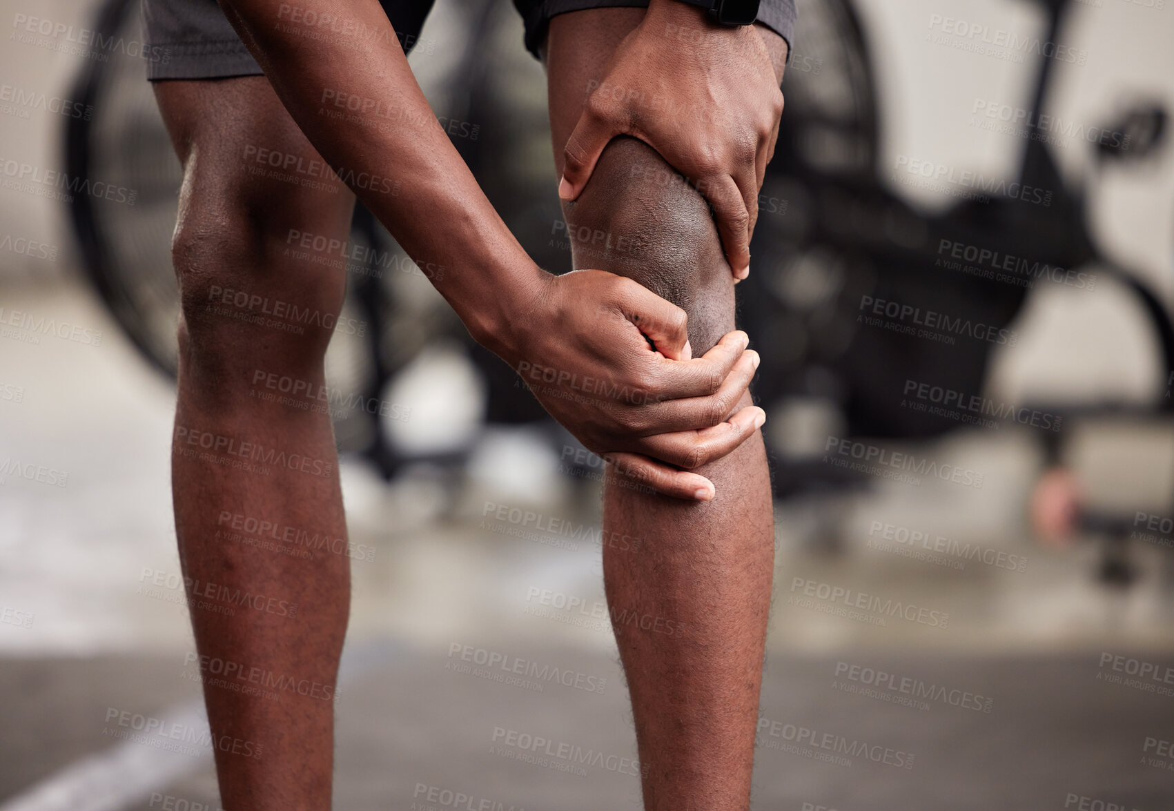 Buy stock photo Knee pain, black man legs and gym fitness of a athlete with leg muscle and workout problem. Health, wellness and medical issue in a exercise studio holding joint and sports injury from training