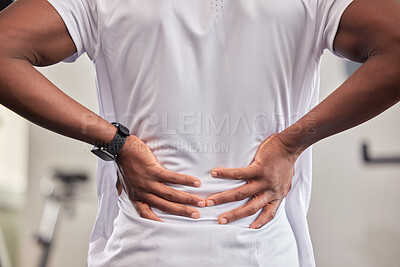 Buy stock photo Back pain, hands and fitness injury in gym after accident, workout or training. Sports, health and black man or athlete with fibromyalgia, inflammation or arthritis, tendinitis or painful fracture.