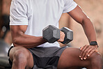 Black man arm, weights training and gym dumbbell of a athlete doing bodybuilder cardio. Healthy, wellness and sports workout for strong arms muscle in a exercise studio with power lifting and fitness