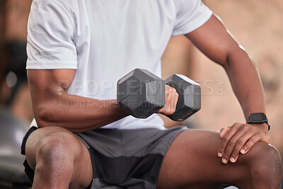 Buy stock photo Black man arm, weights training and gym dumbbell of a athlete doing bodybuilder cardio. Healthy, wellness and sports workout for strong arms muscle in a exercise studio with power lifting and fitness