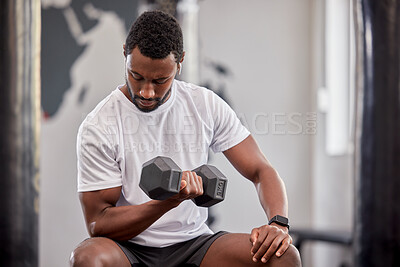 Buy stock photo Black man, weight training and gym dumbbell of a athlete doing bodybuilder cardio. Healthy, wellness and sports workout for strong arm muscle in a exercise studio with power lifting and fitness