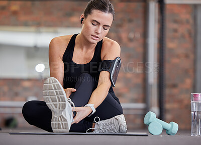 Buy stock photo Leg pain, fitness and woman with injury in gym after accident, workout or training. Sports, health and young female athlete with fibromyalgia, inflammation or arthritis, tendinitis or painful ankle.