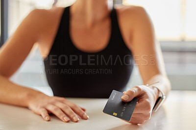 Buy stock photo Hands, credit card and payment at gym for fitness membership or exercise subscription. Fintech, ecommerce and athlete or woman buying or paying for workout or training at exercising club for health.