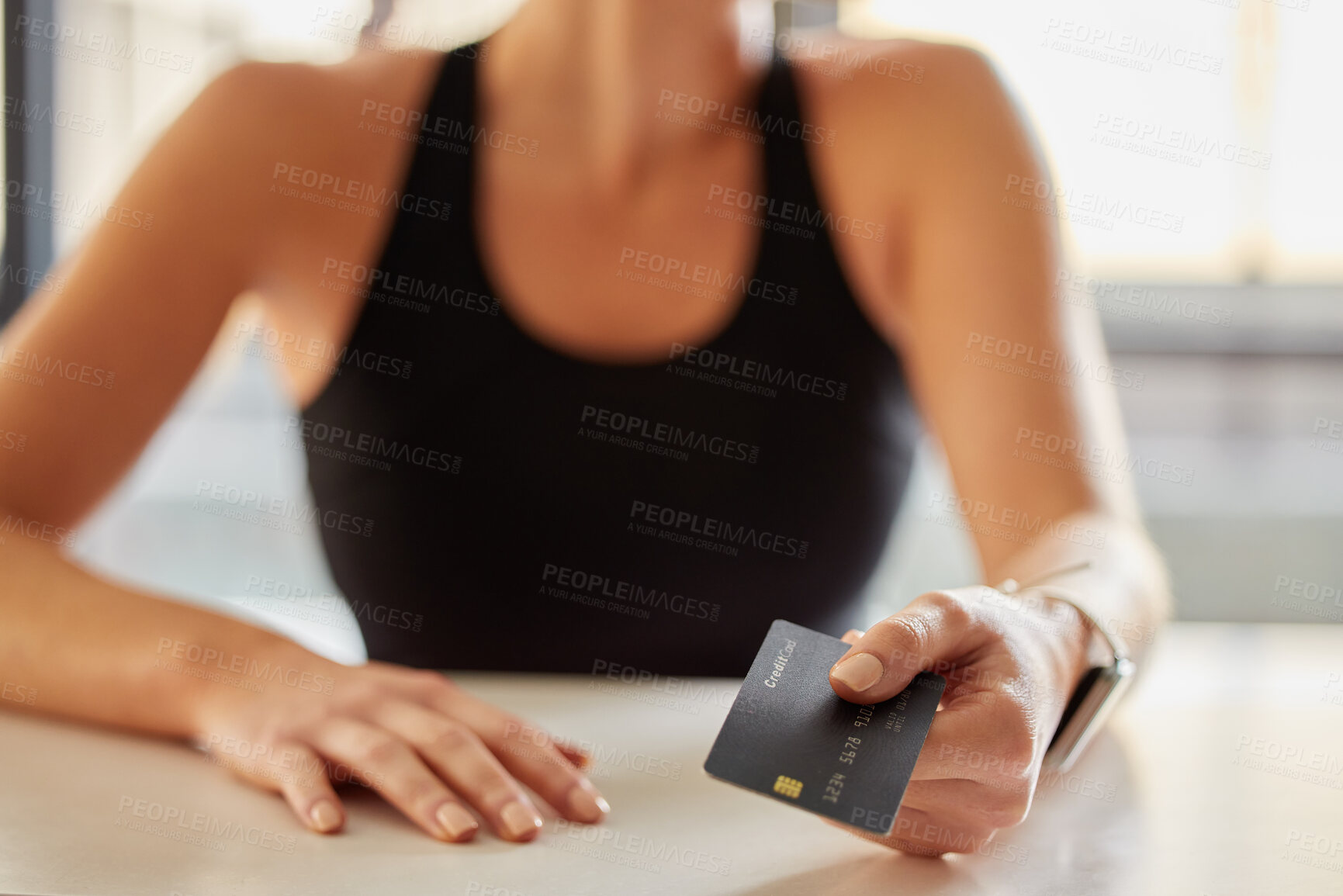 Buy stock photo Hands, credit card and payment at gym for fitness membership or exercise subscription. Fintech, ecommerce and athlete or woman buying or paying for workout or training at exercising club for health.