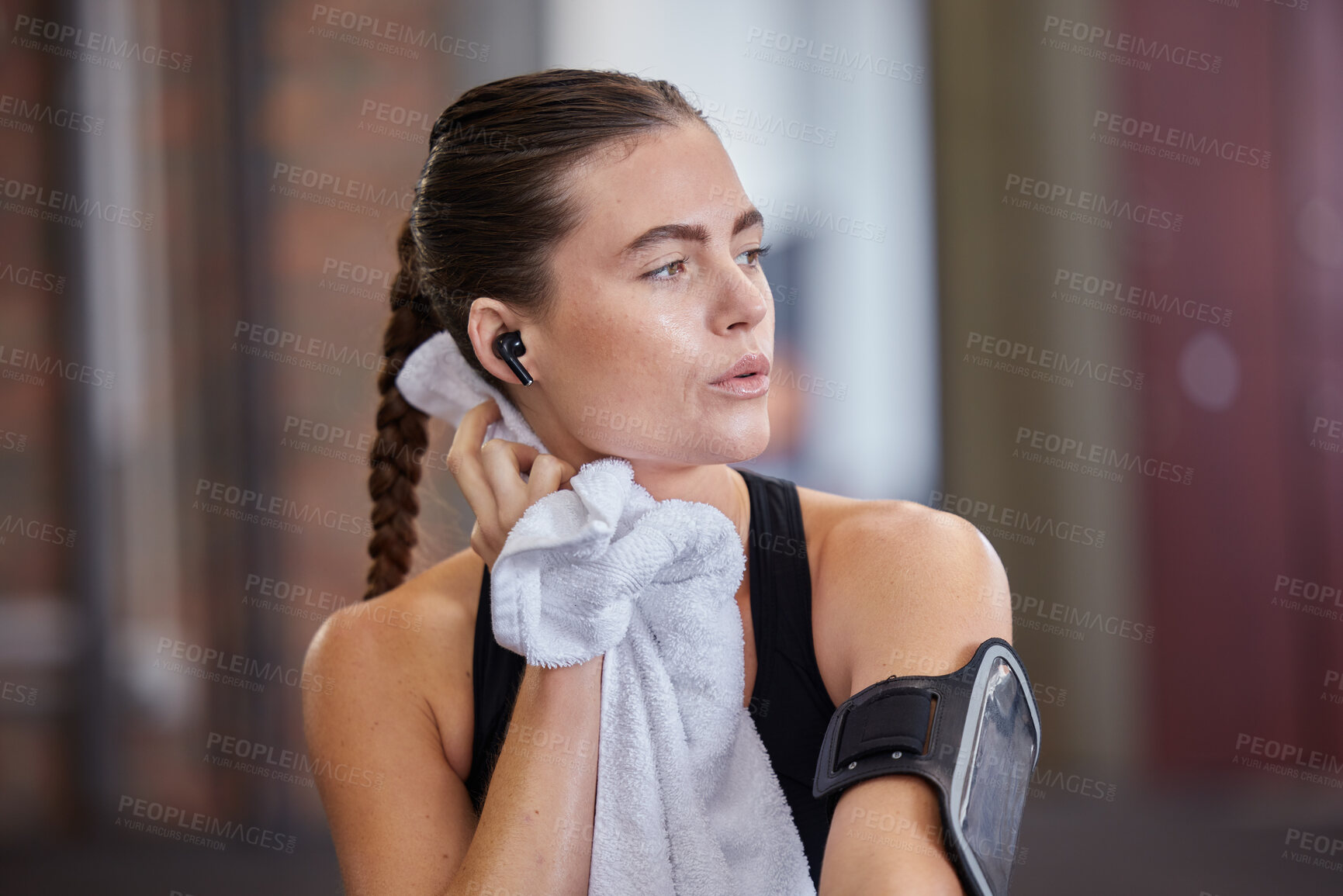 Buy stock photo Thinking, tired and woman with towel for sweat in gym after workout, training or exercise. Sports idea, exhausted and sweating female athlete wipe with fabric after exercising, running or cardio.