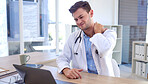 Man, doctor and laptop with neck pain, ache or tension sitting by office desk in stress or discomfort at hospital. Healthcare male suffering holding painful area from work injury, bruise or sore