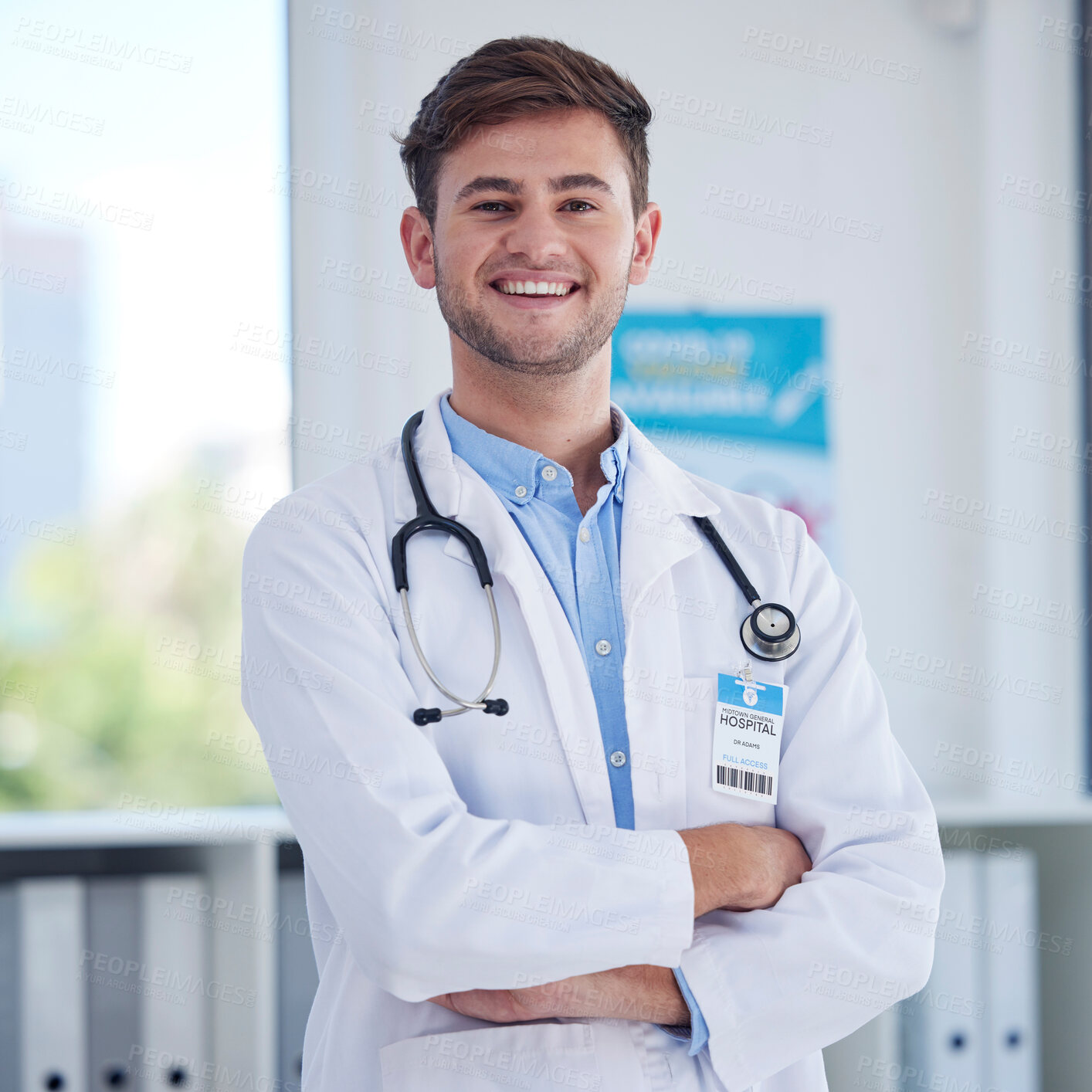 Buy stock photo Happy, healthcare and portrait of doctor at hospital proud, empowered and confident. Face, leader and male health expert with positive mindset, goal or medical innovation at clinic, smile and excited