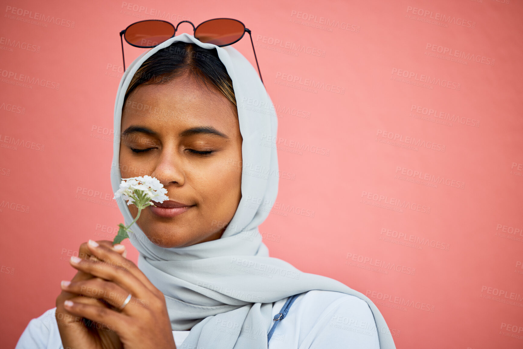 Buy stock photo Smelling, fresh and Muslim girl with a flower isolated on a pink background in a studio. Spring, peace and Islamic woman with the aroma of a calming plant for relaxation, stress relief and summer