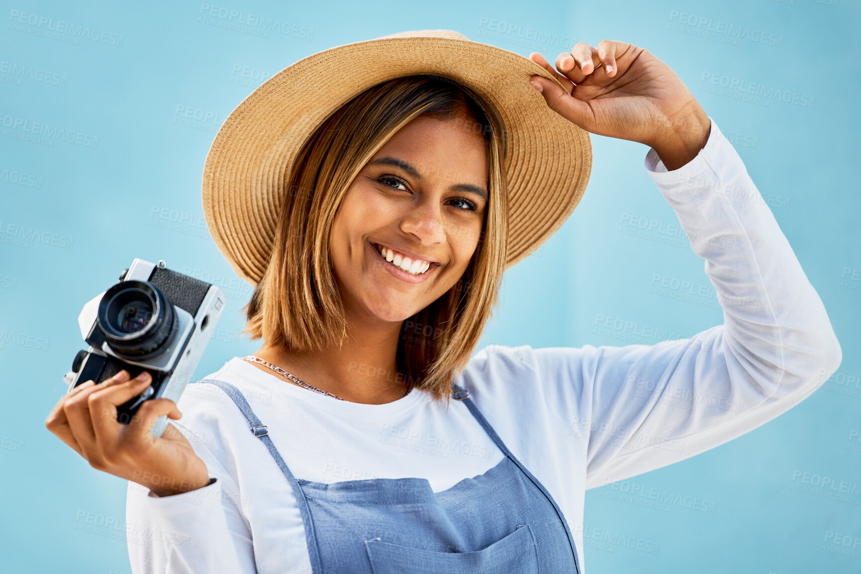 Buy stock photo Happy, smile and photographer with portrait of woman and camera for creative, retro and shooting photos. Fashion, happiness and vintage with girl and photography hobby for picture, lens and focus