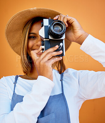 Buy stock photo Camera, portrait and photographer woman isolated on wall background for summer beauty, holiday travel and fashion. Gen z, black person or model face with retro photography for vacation digital memory
