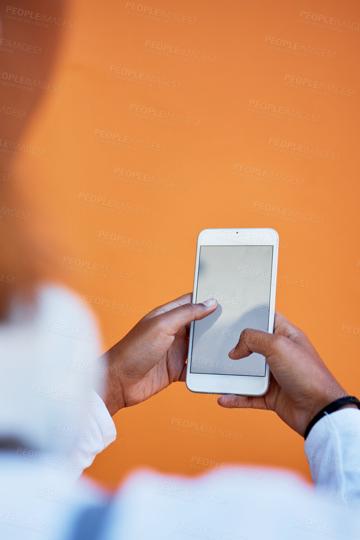 Buy stock photo Mockup, communication and woman with blank phone screen for marketing, branding and connection. Social media, design and girl typing on an empty mobile for an app, advertising and space on a backdrop