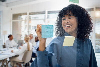 Buy stock photo Business, brainstorming and black woman planning notes for research, agenda and smile at office window. Happy worker, glass and writing ideas for solution, strategy and mission of schedule management