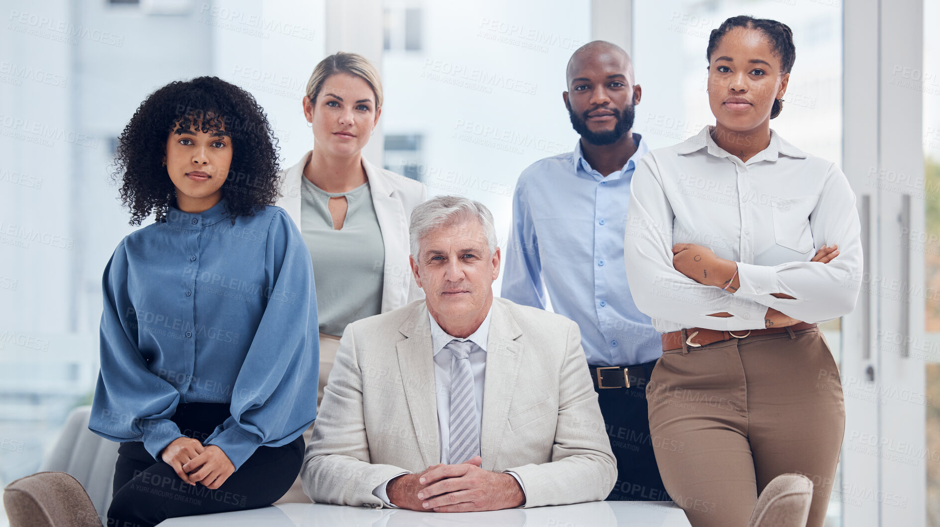 Buy stock photo Serious, confident and portrait of business people in office for corporate, community and support. Management, teamwork and solidarity with group of employee for mission, planning or meeting