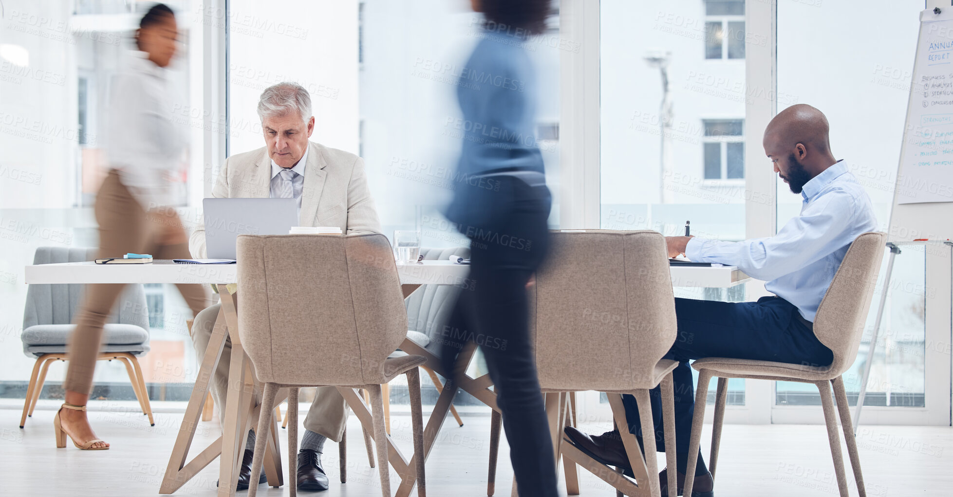 Buy stock photo Corporate, busy and motion blur with business people in an office boardroom for planning or strategy. Meeting, management or walking with a man and woman employee group rushing to attend a workshop