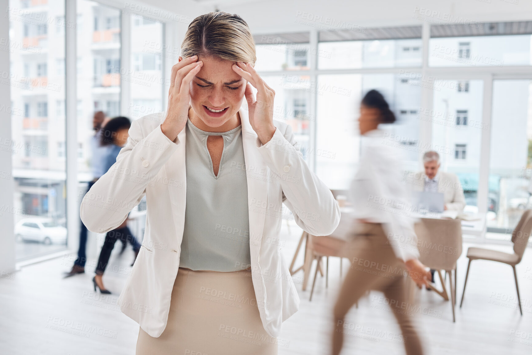 Buy stock photo Motion blur, business woman in office and headache, pain and anxiety with fast pace corporate life, stress and burnout. Mental health, migraine and frustrated with movement, speed and overwhelmed