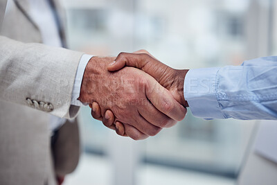 Buy stock photo Handshake, meeting and business people with a welcome, thank you and corporate onboarding. Partnership, support and employees shaking hands for a deal, trust and success in a promotion at work