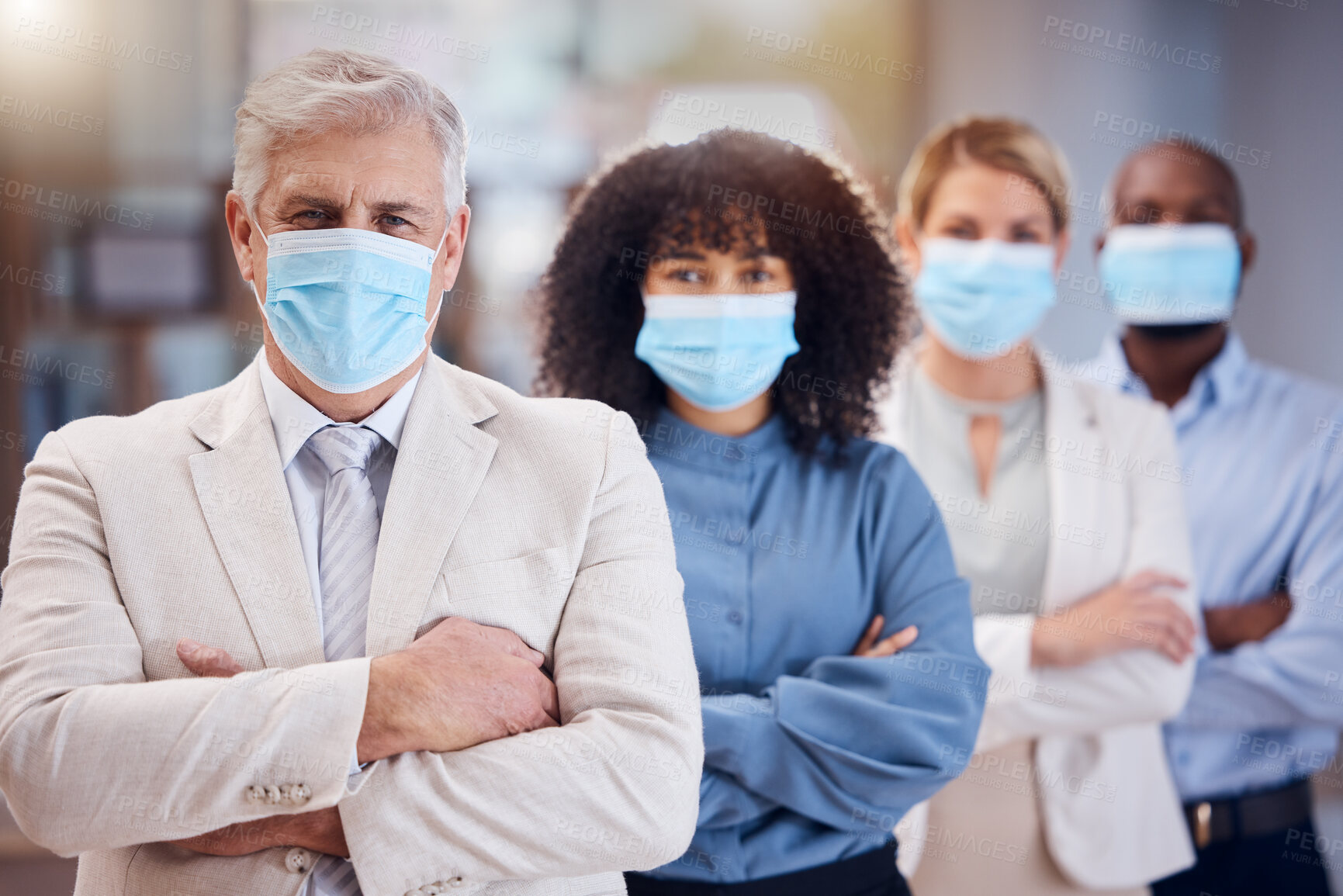 Buy stock photo Mask, portrait and business team with arms crossed in office, company compliance and health regulations. Leadership, covid and face of group, employees and corporate diversity for safety management