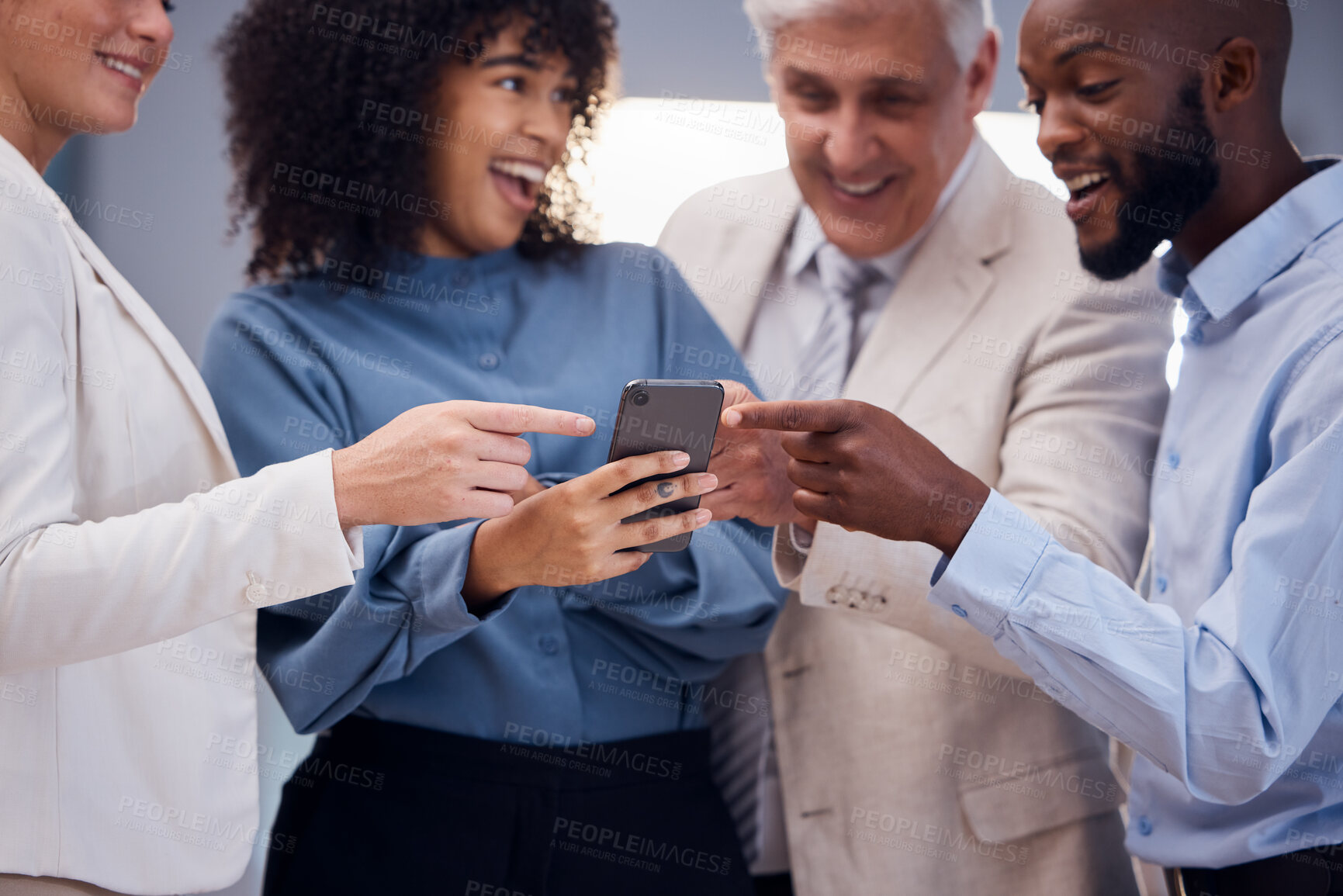 Buy stock photo Business people, office and phone for meme, laugh or comic teamwork for happy executive team on web. Corporate team building, smartphone and funny social media post, blog or app for joke at workplace