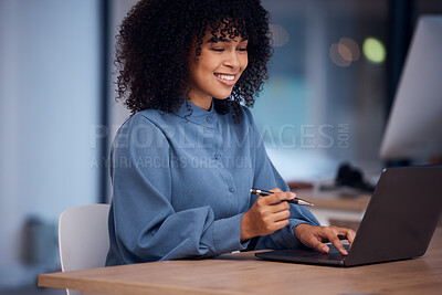 Buy stock photo Happy, working and black woman typing on a laptop for email, connection and internet. Business, smile and employee reading from the web on a computer for work, project and freelancing in office