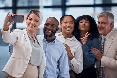 Buy stock photo Happy, selfie and peace sign with business people in office for community, support and diversity. Smile, phone and social media with picture of group of employee for teamwork, friends and emoji