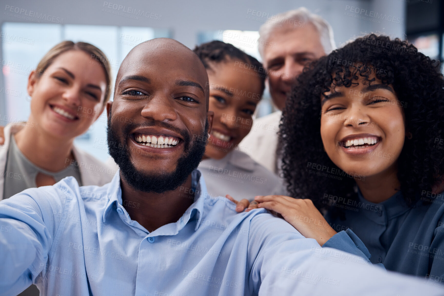 Buy stock photo Happy, selfie and friends with business people in office for community, support and diversity. Smile, corporate and social media with picture of group of employee for teamwork, partnership or connect