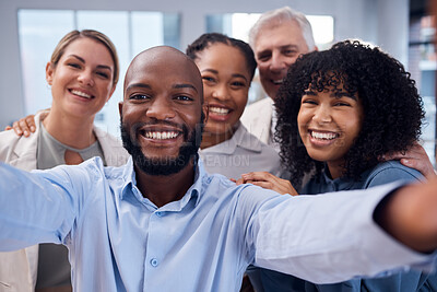 Buy stock photo Happy, selfie and smile with business people in office for community, support and diversity. Smile, corporate and social media with picture of group of employee for teamwork, partnership and friends