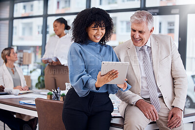 Buy stock photo Business people, tablet and smile for digital marketing, schedule planning or collaboration at the office. Happy black woman assistant with senior man CEO showing touchscreen for market research idea