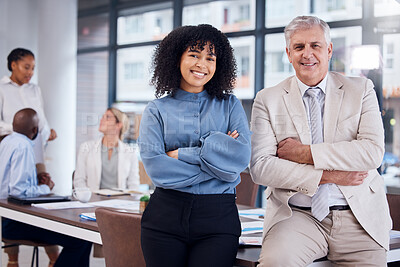 Buy stock photo Portrait of proud business people and partner for internship opportunity. leadership and office management. Senior manager or boss and black woman or human resources employee in workplace diversity