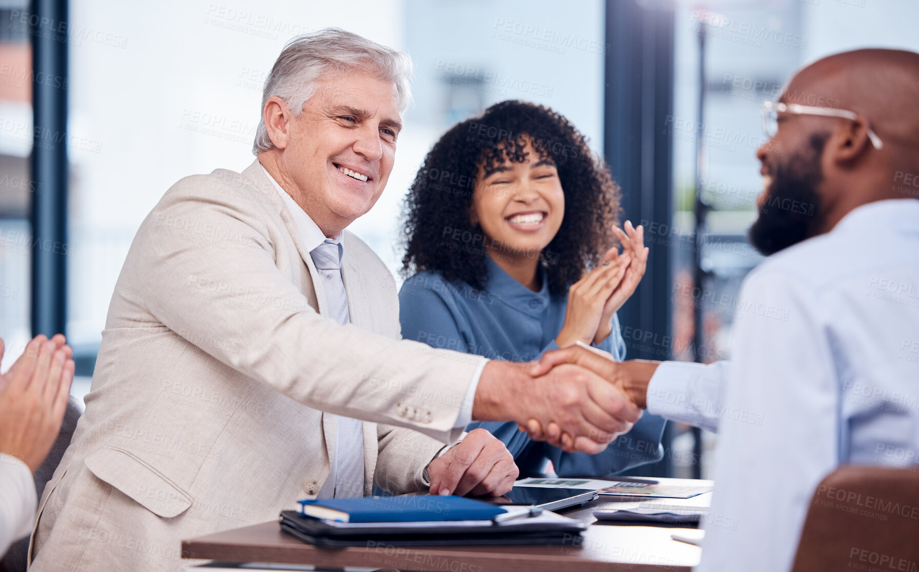 Buy stock photo Handshake, welcome and business people meeting for a deal, partnership and achievement. Thank you, congratulations and employees shaking hands with an applause for success, cooperation and agreement