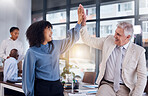 Business people, high five and celebration for success, collaboration or teamwork at the office. Happy black woman touching hand of senior man CEO celebrating team strategy, management or leadership