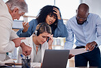 Stress, deadline and people at a call center with a problem in telemarketing, bad email and communication. Glitch, challenge and customer service employees with a crisis in technical support