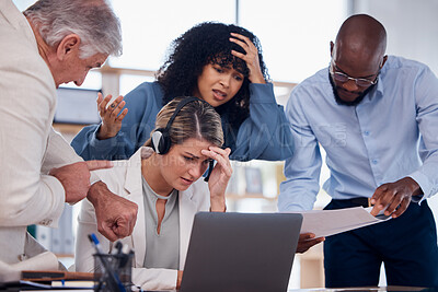 Buy stock photo Stress, deadline and people at a call center with a problem in telemarketing, bad email and communication. Glitch, challenge and customer service employees with a crisis in technical support