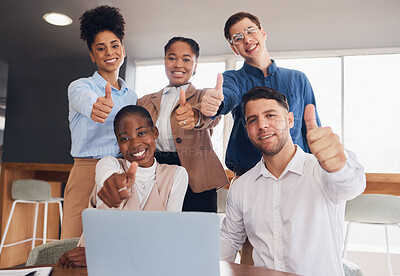 Buy stock photo Business people, laptop and team thumbs up for success, good job or teamwork planning in meeting at office. Group of creative employees by computer showing thumb emoji, yes sign or like for startup