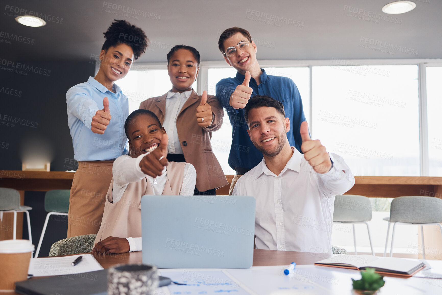 Buy stock photo Business people, laptop and meeting with thumbs up for success, good job or teamwork planning at office. Group of creative employees by computer showing thumb emoji, yes sign or like for startup