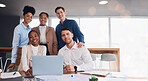 Teamwork, laptop and portrait of business people in office for support, diversity and community. Collaboration, technology and solidarity with group of employee for innovation, internet and proposal