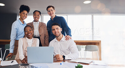 Buy stock photo Teamwork, laptop and portrait of business people in office for support, diversity and community. Collaboration, technology and solidarity with group of employee for innovation, internet and proposal