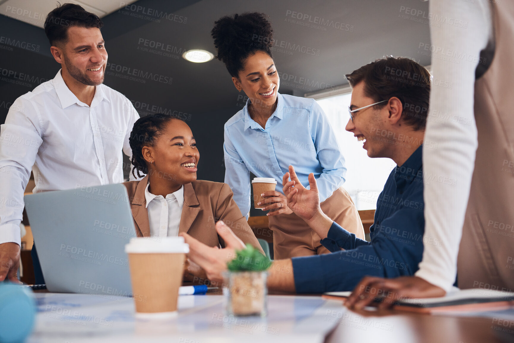 Buy stock photo Business people, laptop and meeting for team building, collaboration or fun planning and strategy at office. Happy group of creative employees discussing project plan in friendly teamwork for startup