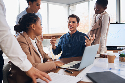 Buy stock photo Business people, laptop and meeting idea in planning for collaboration or marketing strategy at office. Group of creative employees by computer discussing project, teamwork or brainstorming startup