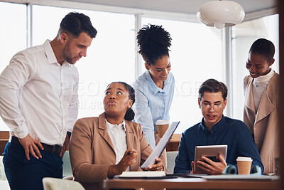 Buy stock photo Business people, tablet and brainstorming meeting in collaboration for marketing idea, planning or strategy at office. Group of creative employees discussing project plan in teamwork for startup