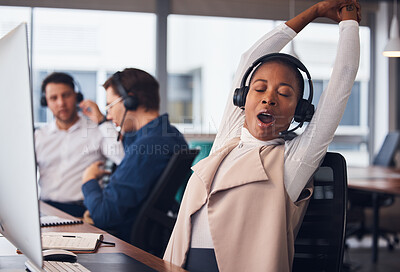 Buy stock photo Tired black woman, yawning and stretching in call center for break in customer services or desktop support at office. African American female exhausted consultant in arm stretch from telemarketing