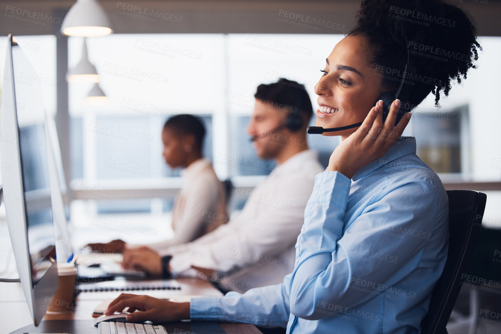 Buy stock photo Call center, customer service and support with a black woman consultant working in her communication office. Contact us, telemarketing and consulting with a female employee at work using a headset