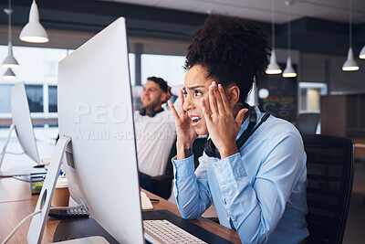 Buy stock photo Stress, call center and woman in office with glitch, 404 or internet delay while working in customer support. Telemarketing, fail and girl with anxiety, mistake or frustrated while consulting in crm